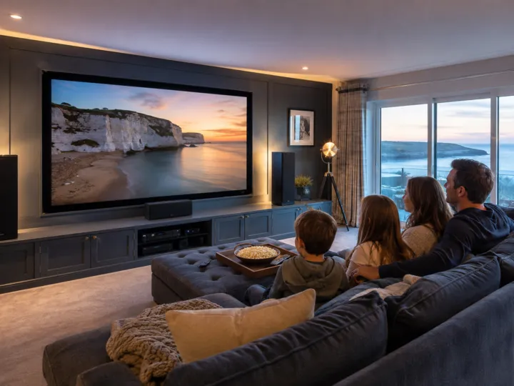 Family home cinema with a large screen