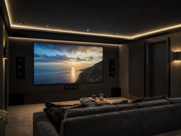 Dark dedicated cinema room with a large screen