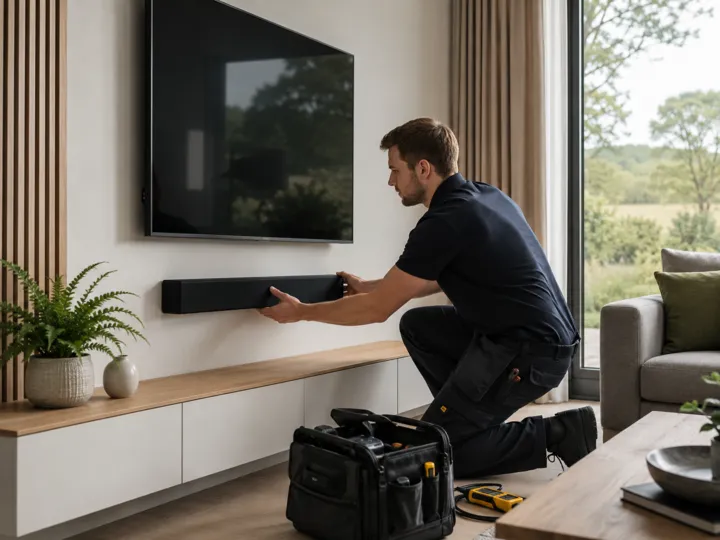 Installer fitting a soundbar beneath a wall mounted TV