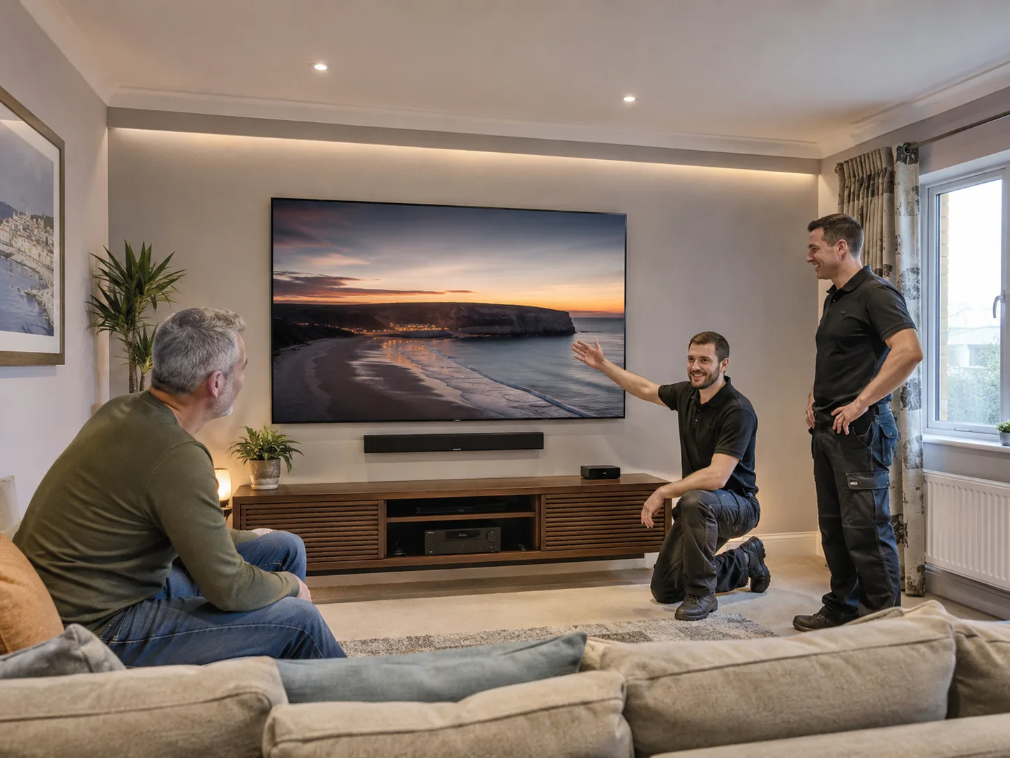 TV installers discussing a completed wall mounted television installation with a customer
