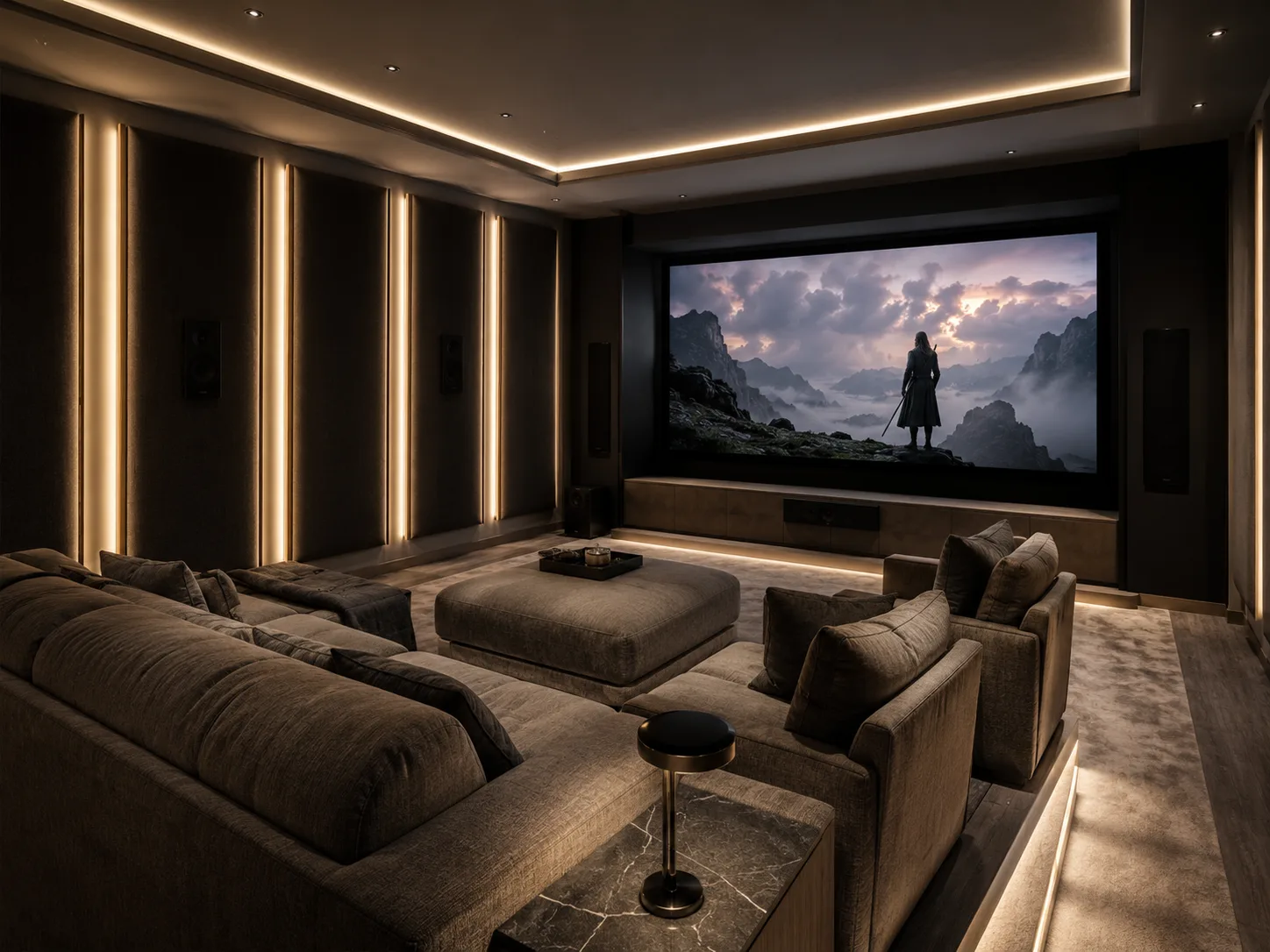 Dedicated home cinema with a large screen and surround speakers